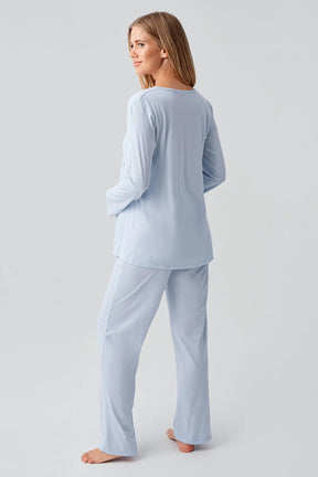 Lace Sleeve and Collar 3-Piece Maternity-Nursing Pajama & Robe Set Blue - 18302