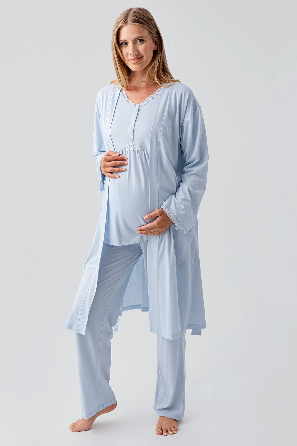 Lace Sleeve and Collar 3-Piece Maternity-Nursing Pajama & Robe Set Blue - 18302