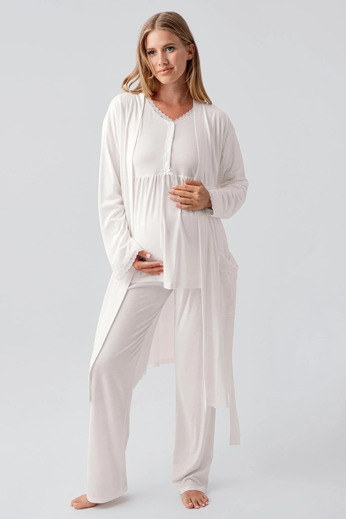 Lace Sleeve and Collar 3-Piece Maternity-Nursing Pajama & Robe Set Ecru - 18302