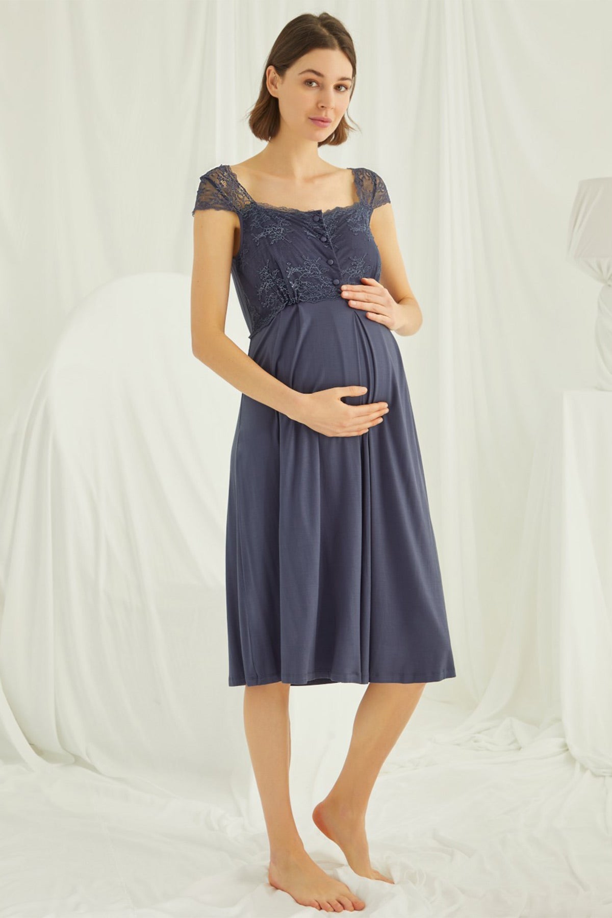 Lace Shoulder Maternity & Nursing Nightgown Navy Blue - 18302