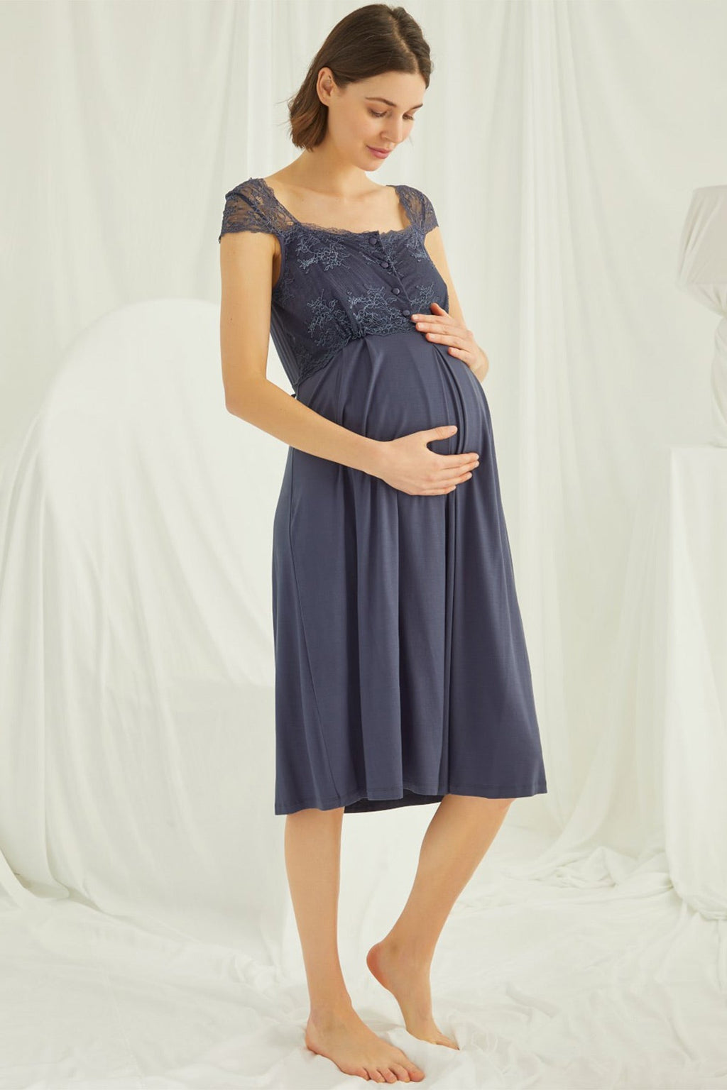 Lace Shoulder Maternity & Nursing Nightgown Navy Blue - 18302