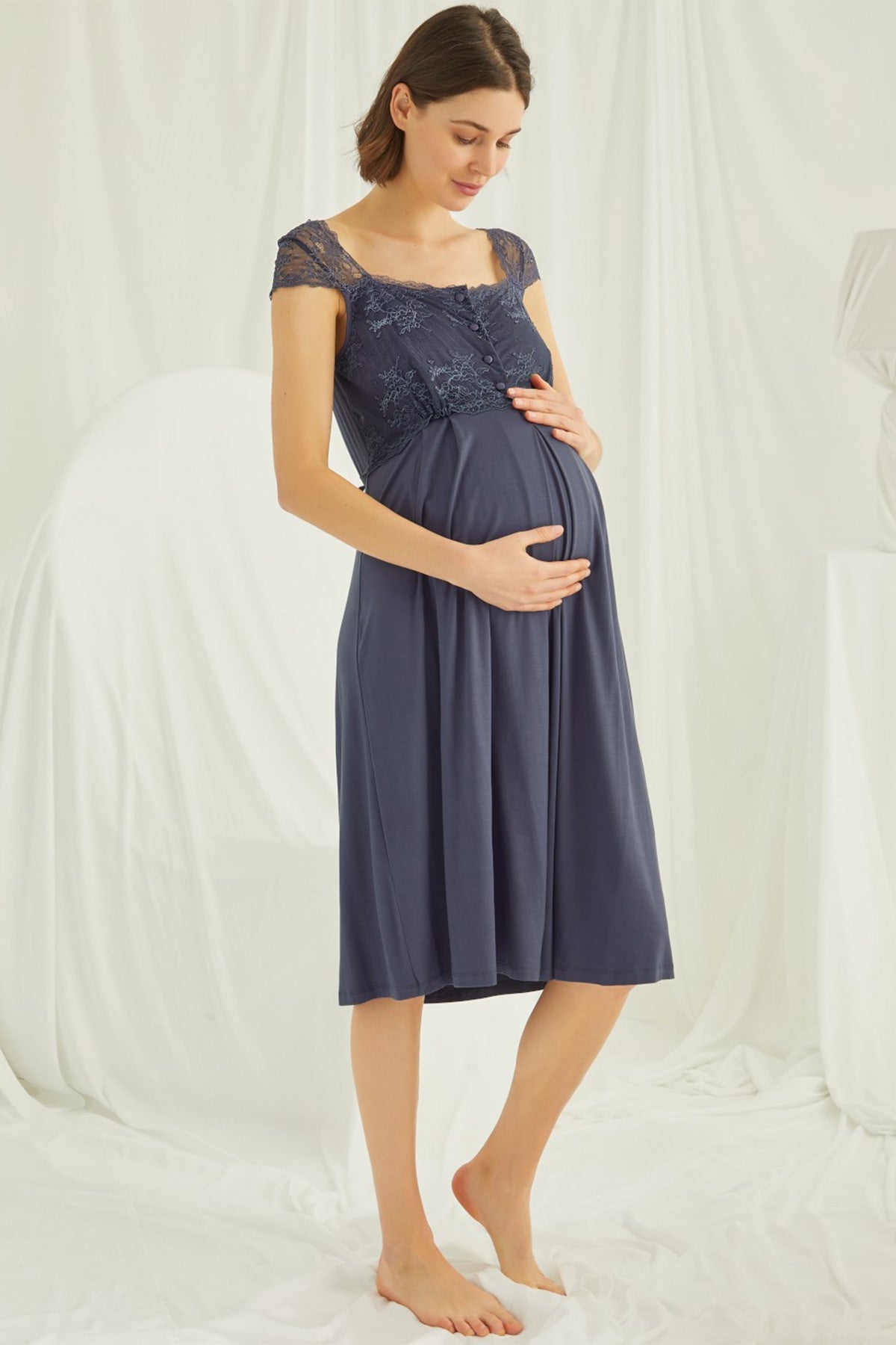 Lace Shoulder Maternity & Nursing Nightgown Navy Blue - 18302