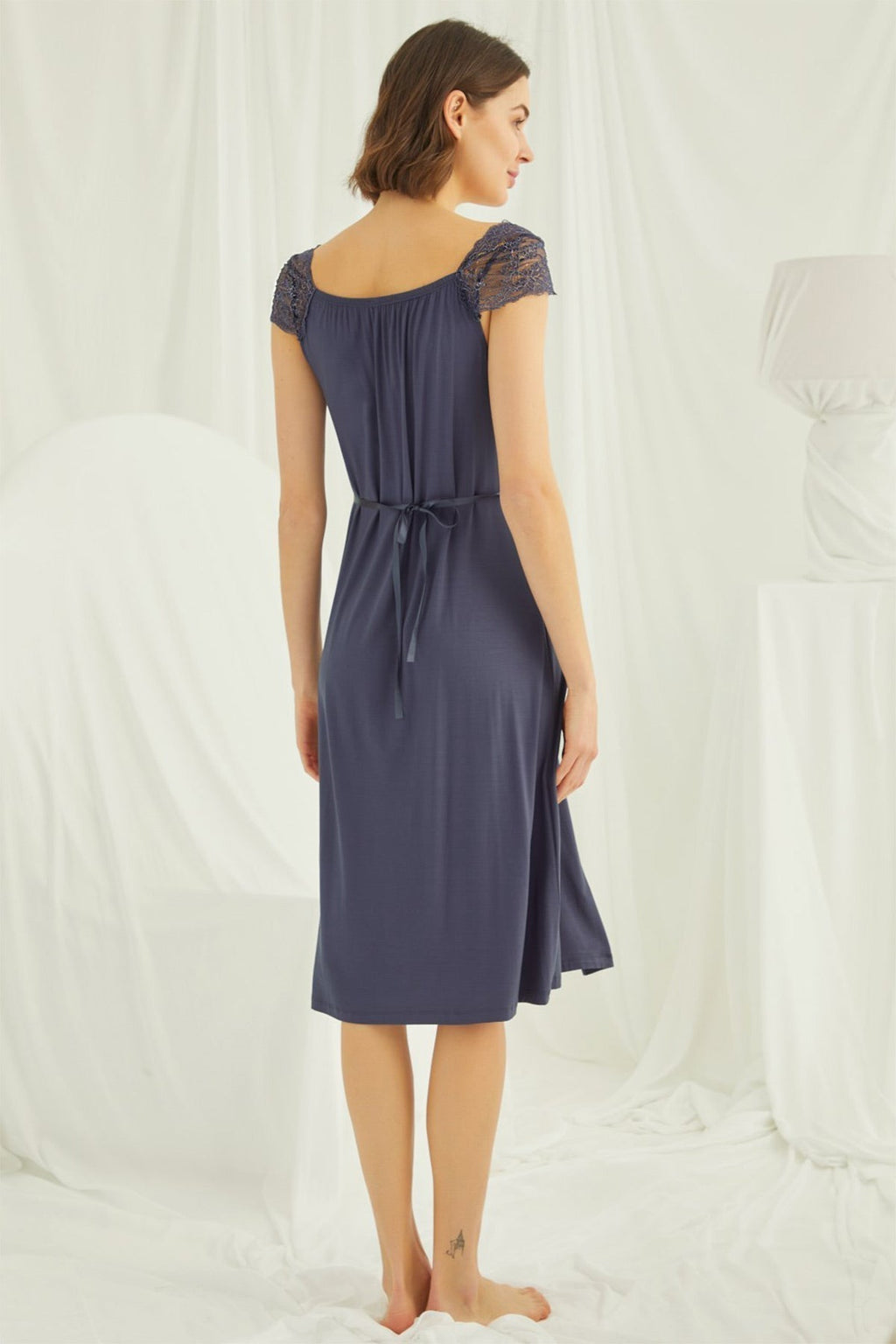 Lace Shoulder Maternity & Nursing Nightgown Navy Blue - 18302