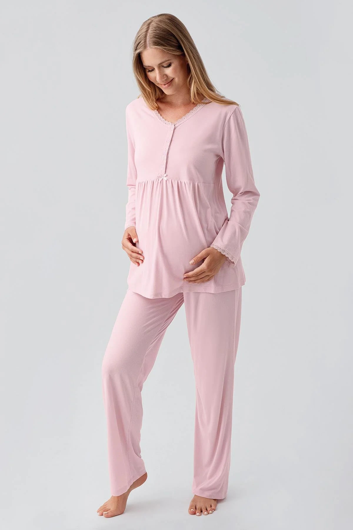 Lace Sleeve and Collar 3-Piece Maternity-Nursing Pajama & Robe Set Powder - 18302