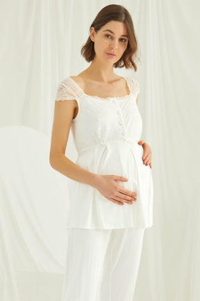 Lace Shoulder Maternity & Nursing Pajama Set Ecru - 18303