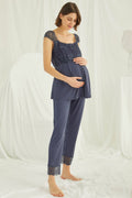 Lace Shoulder Maternity Feeding-Friendly Pajama Set Navy Blue - E18305