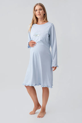 Patterned Pleated Cotton Maternity-Nursing Nightgown & Robe Set Blue - 18400