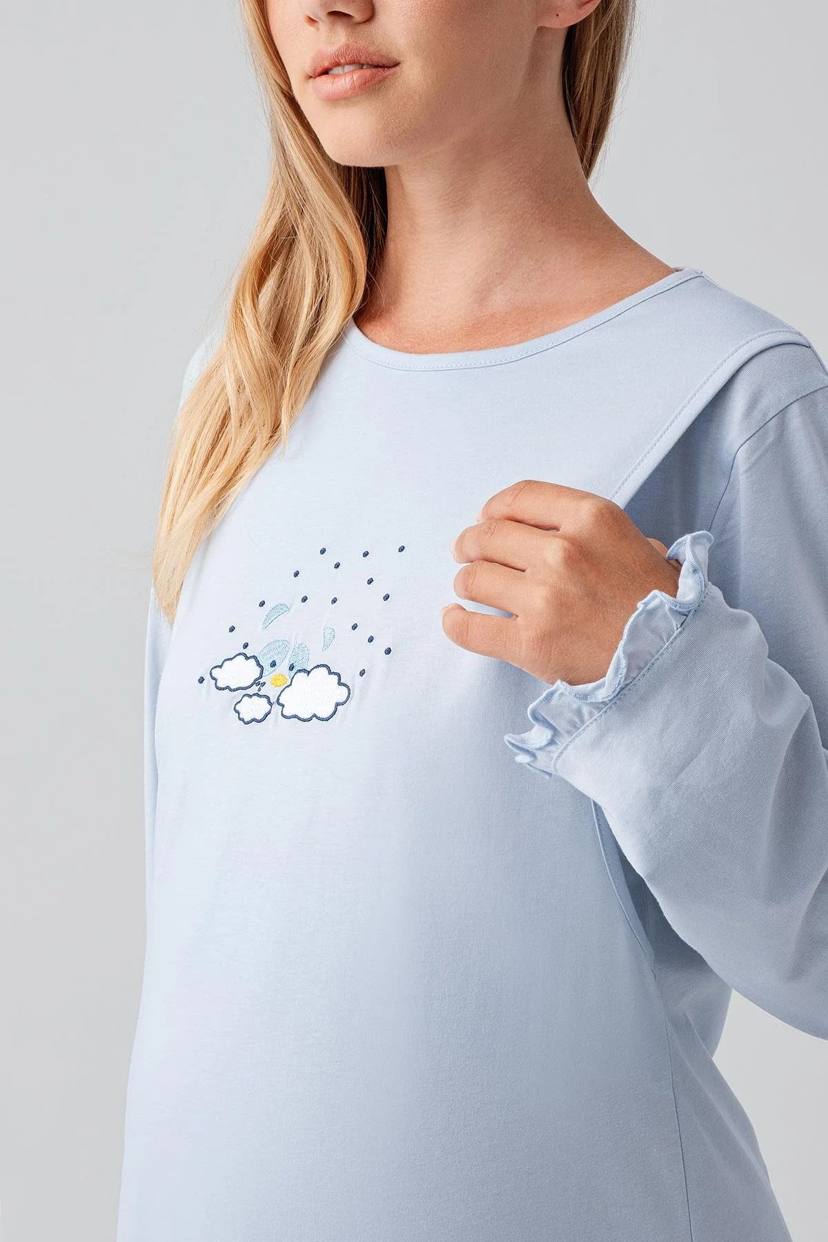 Patterned Pleated Cotton Maternity-Nursing Nightgown & Robe Set Blue - 18400