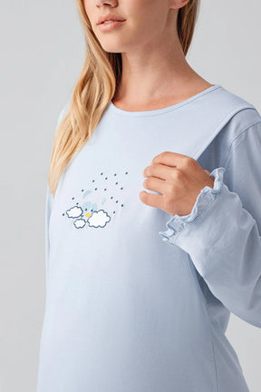 Patterned Pleated Cotton Maternity-Nursing Nightgown & Robe Set Blue - 18400