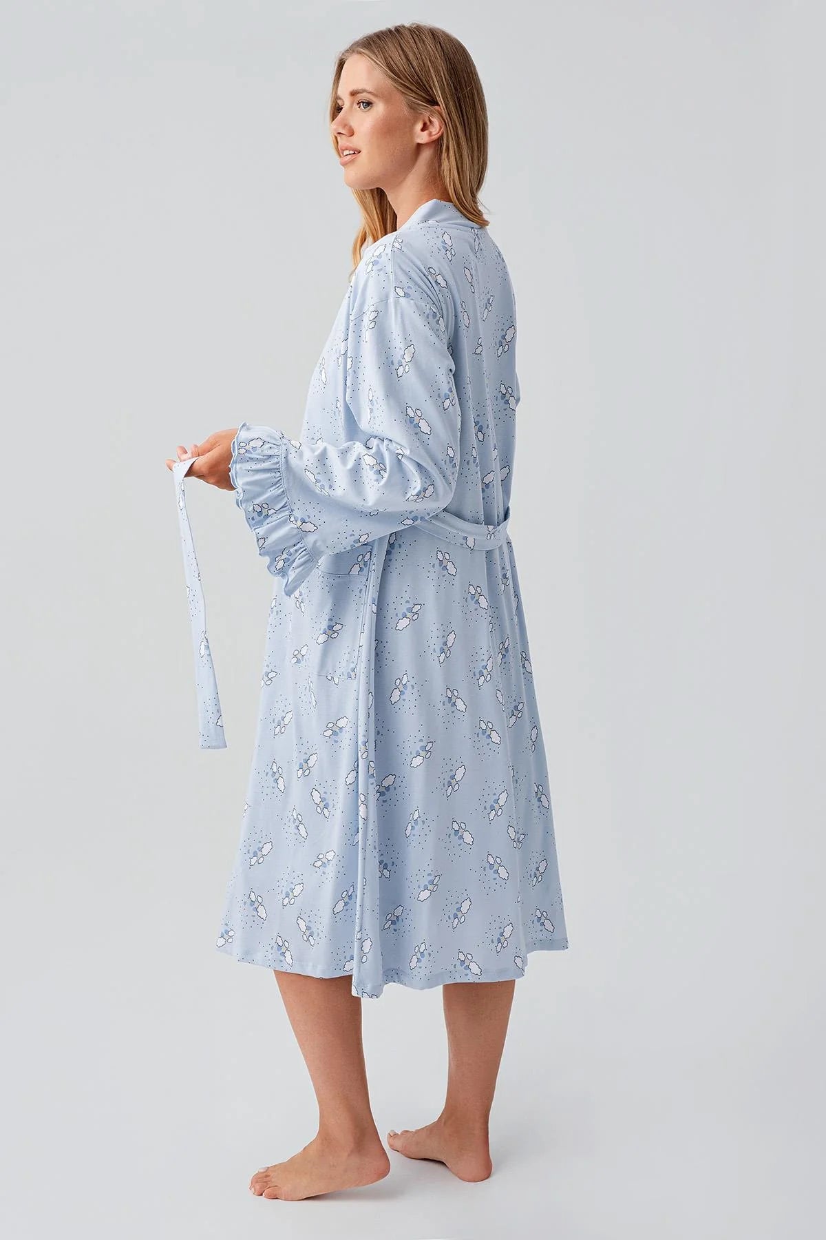 Patterned Pleated Cotton Maternity-Nursing Nightgown & Robe Set Blue - 18400