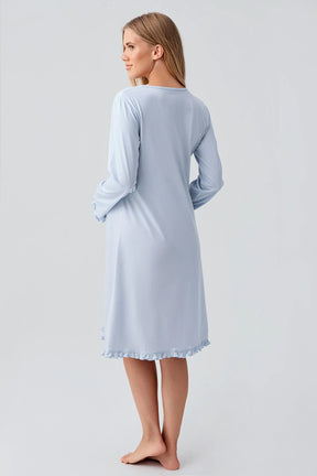 Patterned Pleated Cotton Maternity-Nursing Nightgown & Robe Set Blue - 18400
