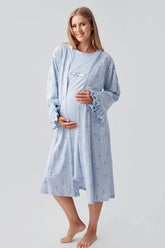 Patterned Pleated Cotton Maternity-Nursing Nightgown & Robe Set Blue - 18400