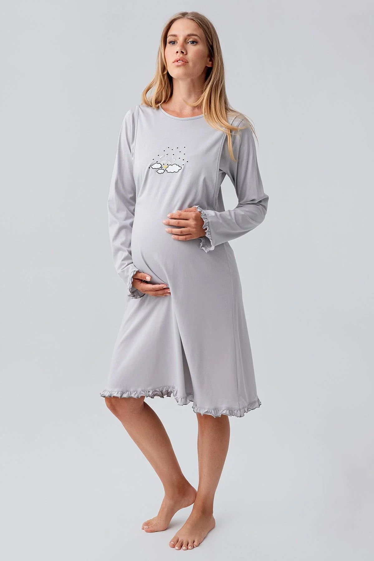 Patterned Pleated Cotton Maternity-Nursing Nightgown & Robe Set Grey - 18400