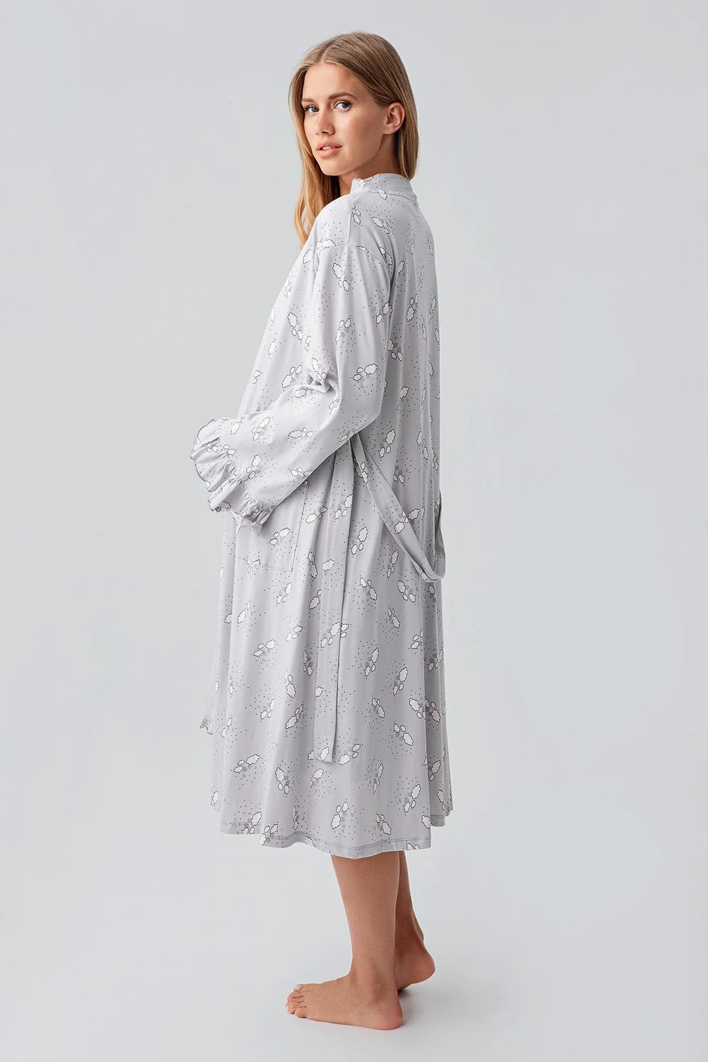 Patterned Pleated Cotton Maternity-Nursing Nightgown & Robe Set Grey - 18400