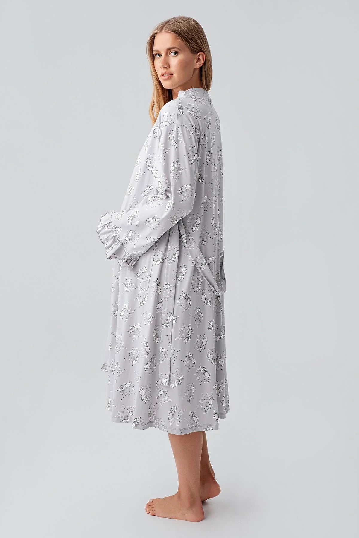 Patterned Pleated Cotton Maternity-Nursing Nightgown & Robe Set Grey - 18400