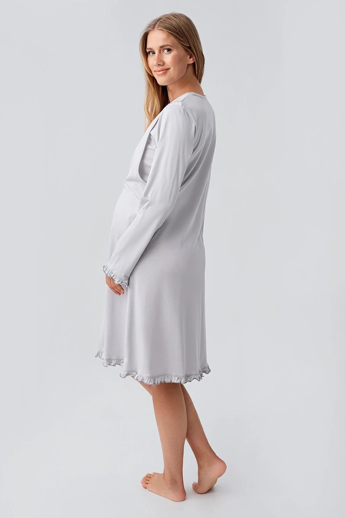 Patterned Pleated Cotton Maternity-Nursing Nightgown & Robe Set Grey - 18400