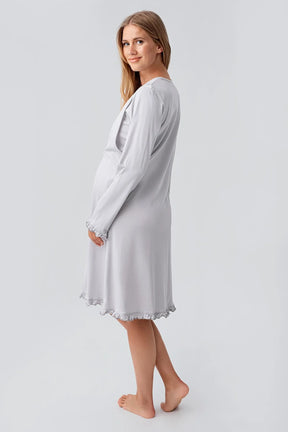Patterned Pleated Cotton Maternity-Nursing Nightgown & Robe Set Grey - 18400