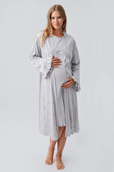 Patterned Pleated Cotton Maternity-Nursing Nightgown & Robe Set Grey - 18400