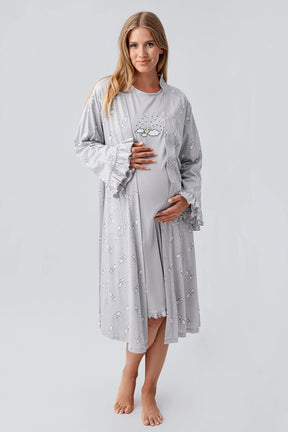 Patterned Pleated Cotton Maternity-Nursing Nightgown & Robe Set Grey - 18400