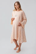 Patterned Pleated Cotton Maternity Feeding-Friendly Nightgown & Robe Set Salmon - S18400