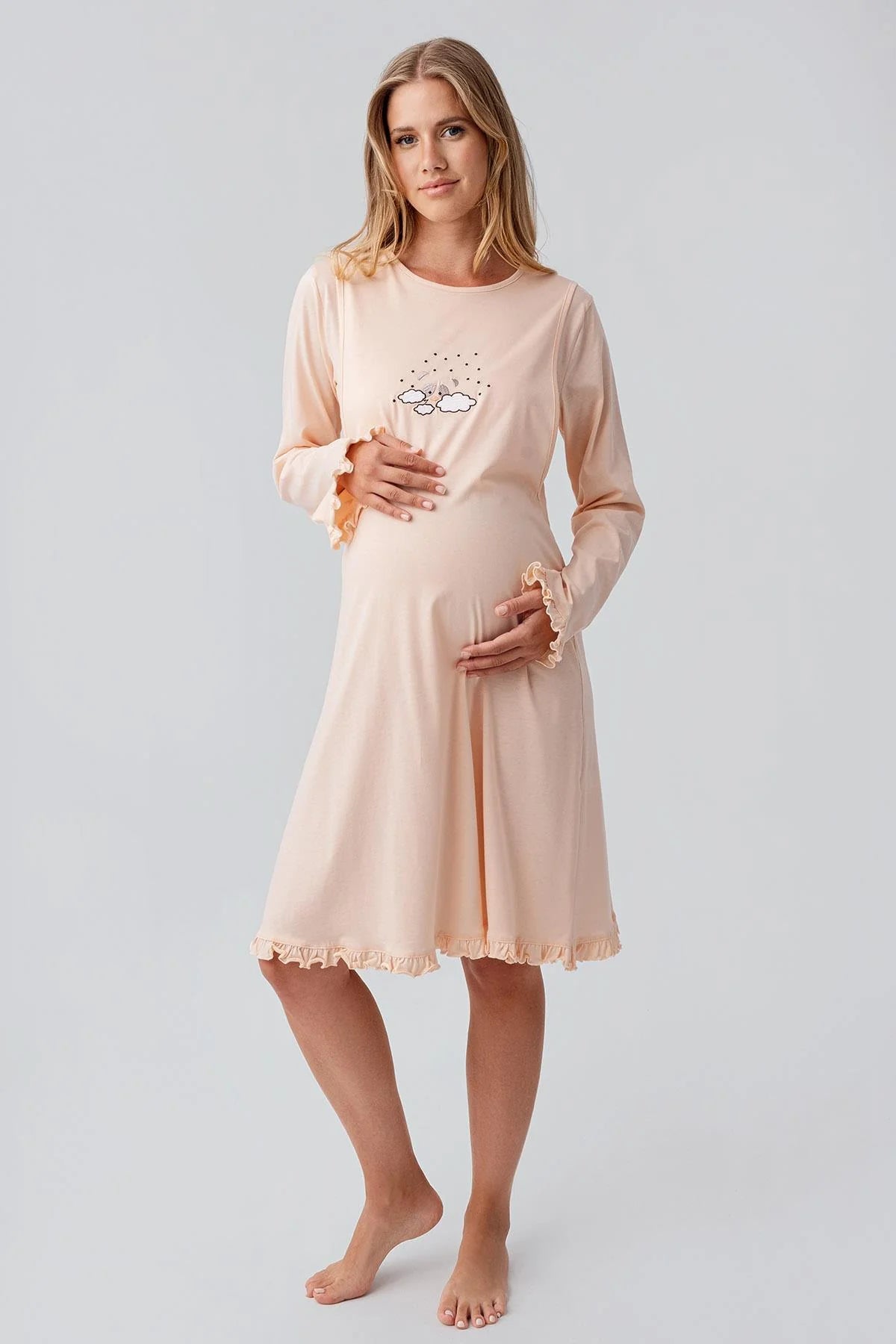 Patterned Pleated Cotton Maternity-Nursing Nightgown & Robe Set Salmon - 18400