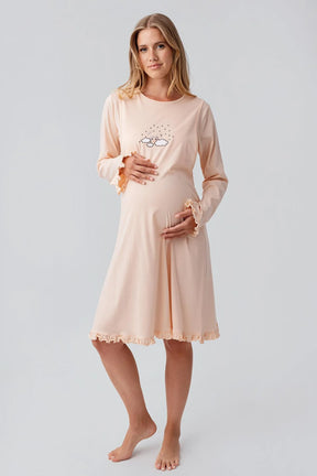 Patterned Pleated Cotton Maternity-Nursing Nightgown & Robe Set Salmon - 18400