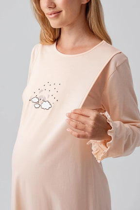 Patterned Pleated Cotton Maternity-Nursing Nightgown & Robe Set Salmon - 18400
