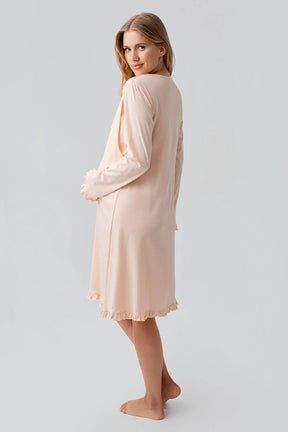 Patterned Pleated Cotton Maternity-Nursing Nightgown & Robe Set Salmon - 18400