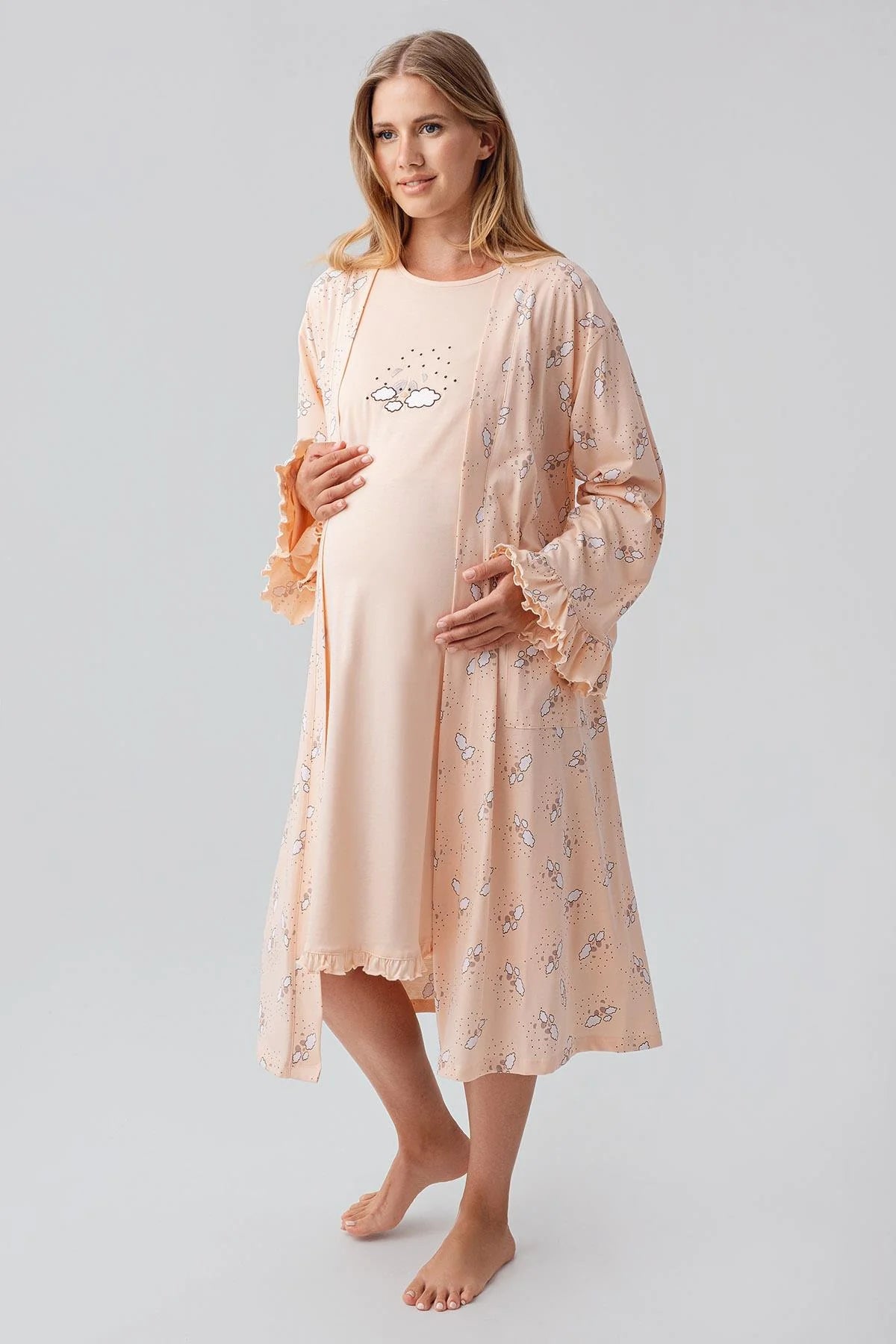 Patterned Pleated Cotton Maternity-Nursing Nightgown & Robe Set Salmon - 18400
