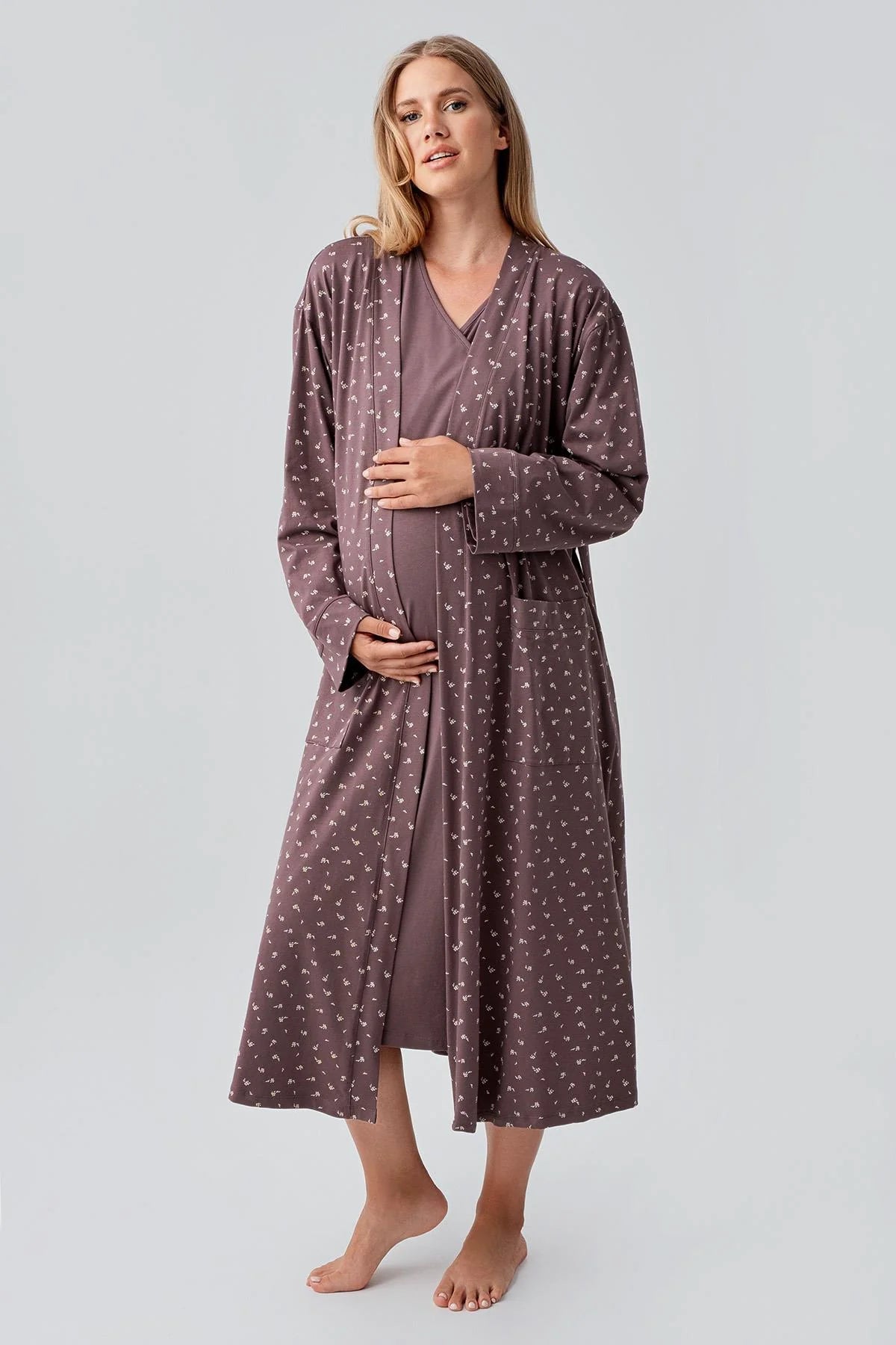 Side Tie Nursing Feature Cotton Maternity-Nursing Nightgown & Patterned Robe Set Coffee - 18401