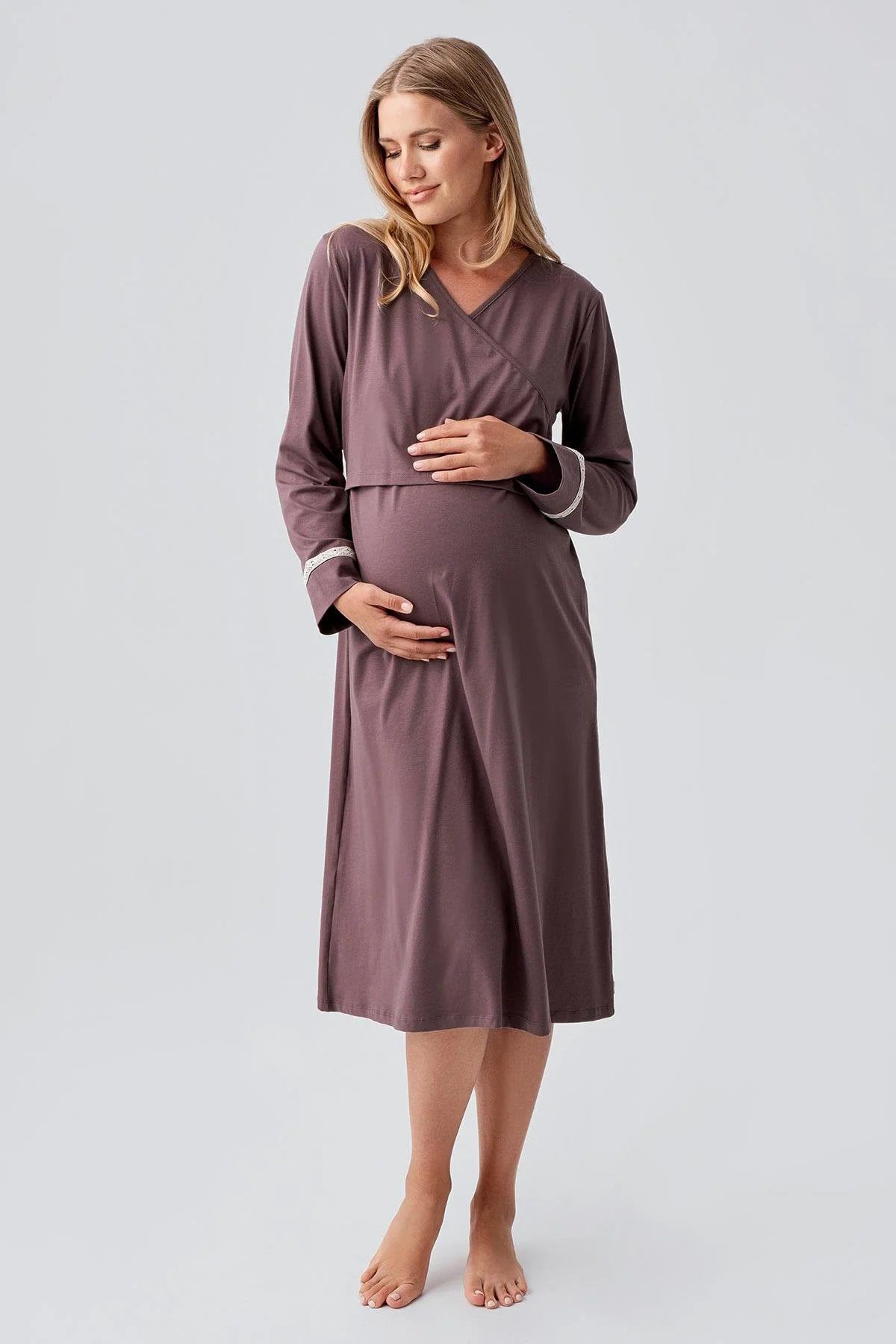 Side Tie Nursing Feature Cotton Maternity-Nursing Nightgown & Patterned Robe Set Coffee - 18401