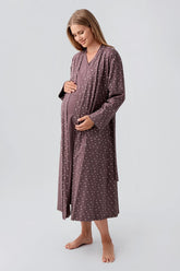 Side Tie Nursing Feature Cotton Maternity-Nursing Nightgown & Patterned Robe Set Coffee - 18401