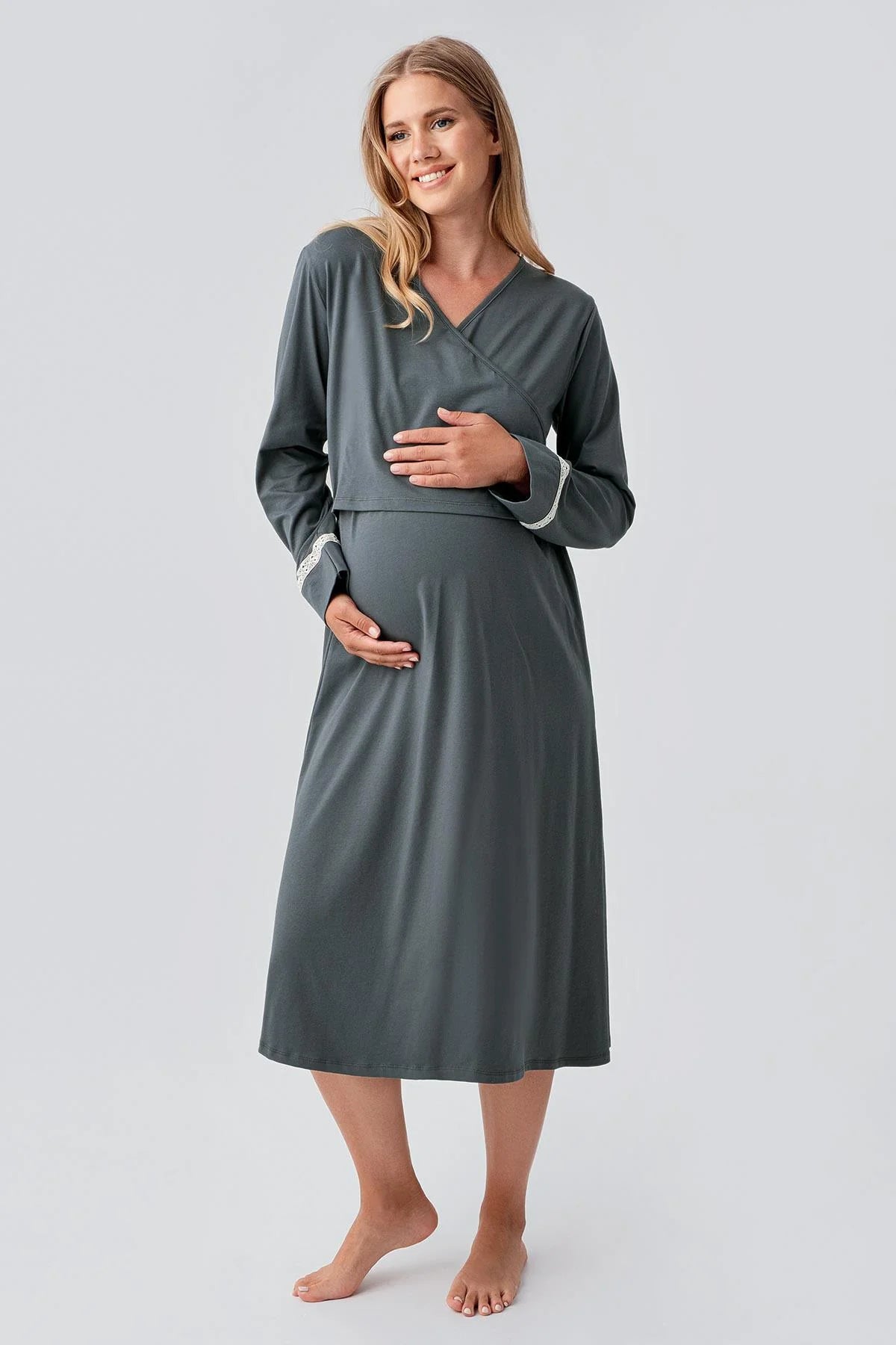 Side Tie Nursing Feature Cotton Maternity-Nursing Nightgown & Patterned Robe Set Green - 18401