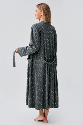Side Tie Nursing Feature Cotton Maternity-Nursing Nightgown & Patterned Robe Set Green - 18401