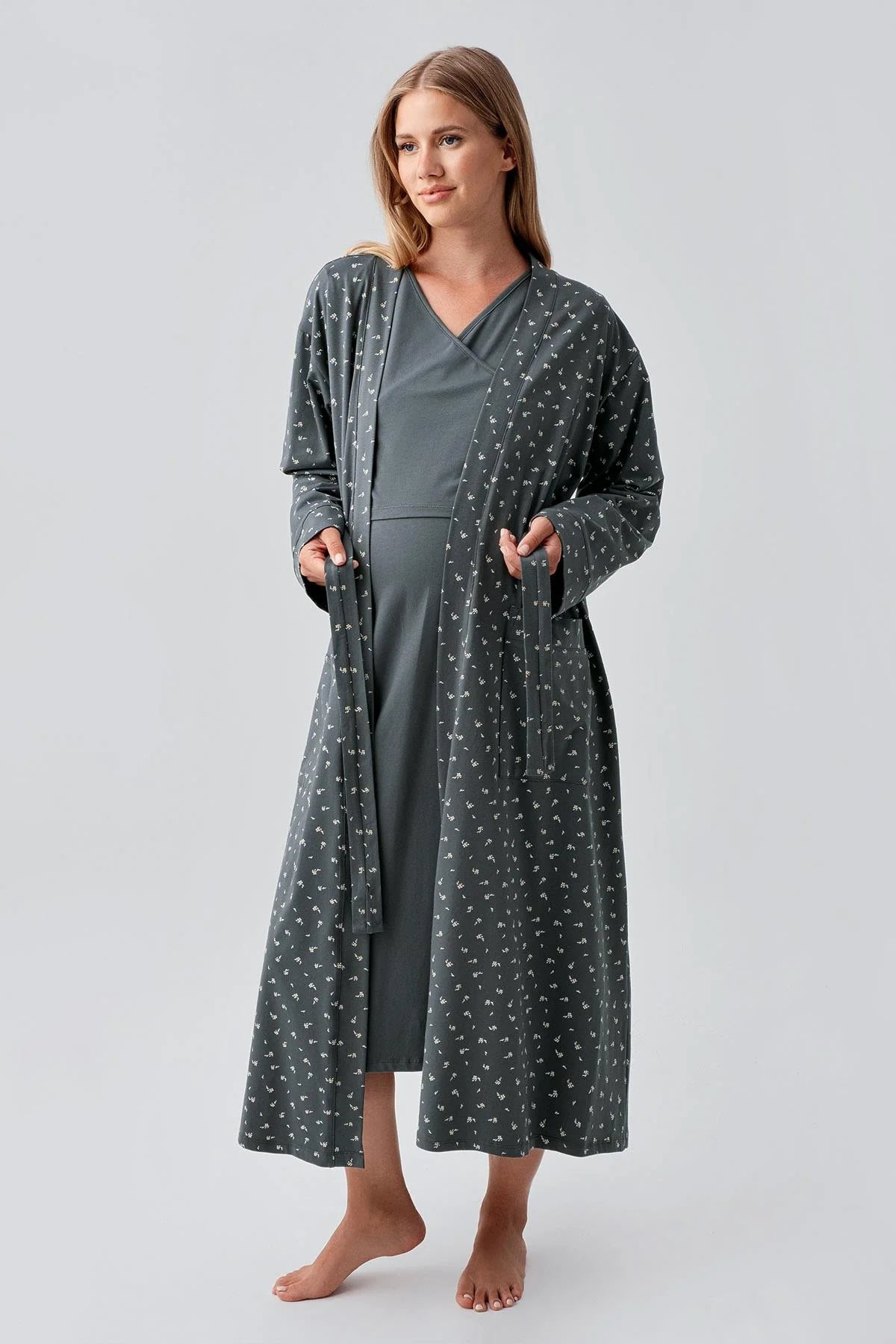 Side Tie Nursing Feature Cotton Maternity-Nursing Nightgown & Patterned Robe Set Green - 18401