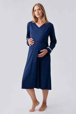 Side Tie Nursing Feature Cotton Maternity-Nursing Nightgown & Patterned Robe Set Navy Blue - 18401