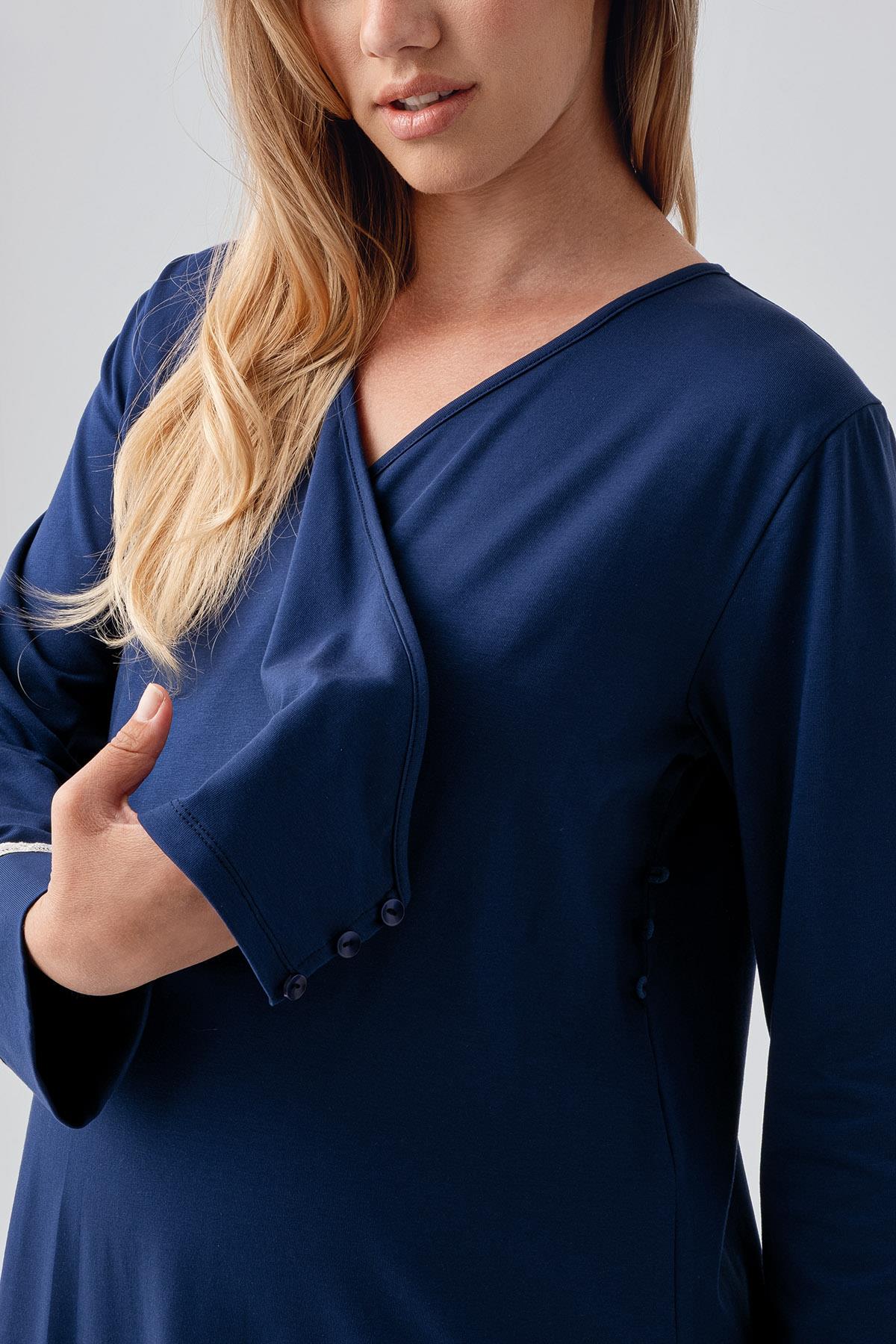 Side Tie Nursing Feature Cotton Maternity-Nursing Nightgown & Patterned Robe Set Navy Blue - 18401