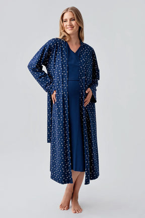 Side Tie Nursing Feature Cotton Maternity-Nursing Nightgown & Patterned Robe Set Navy Blue - 18401