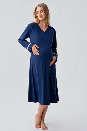 Side Tie Nursing Feature Cotton Maternity-Nursing Nightgown & Patterned Robe Set Navy Blue - 18401