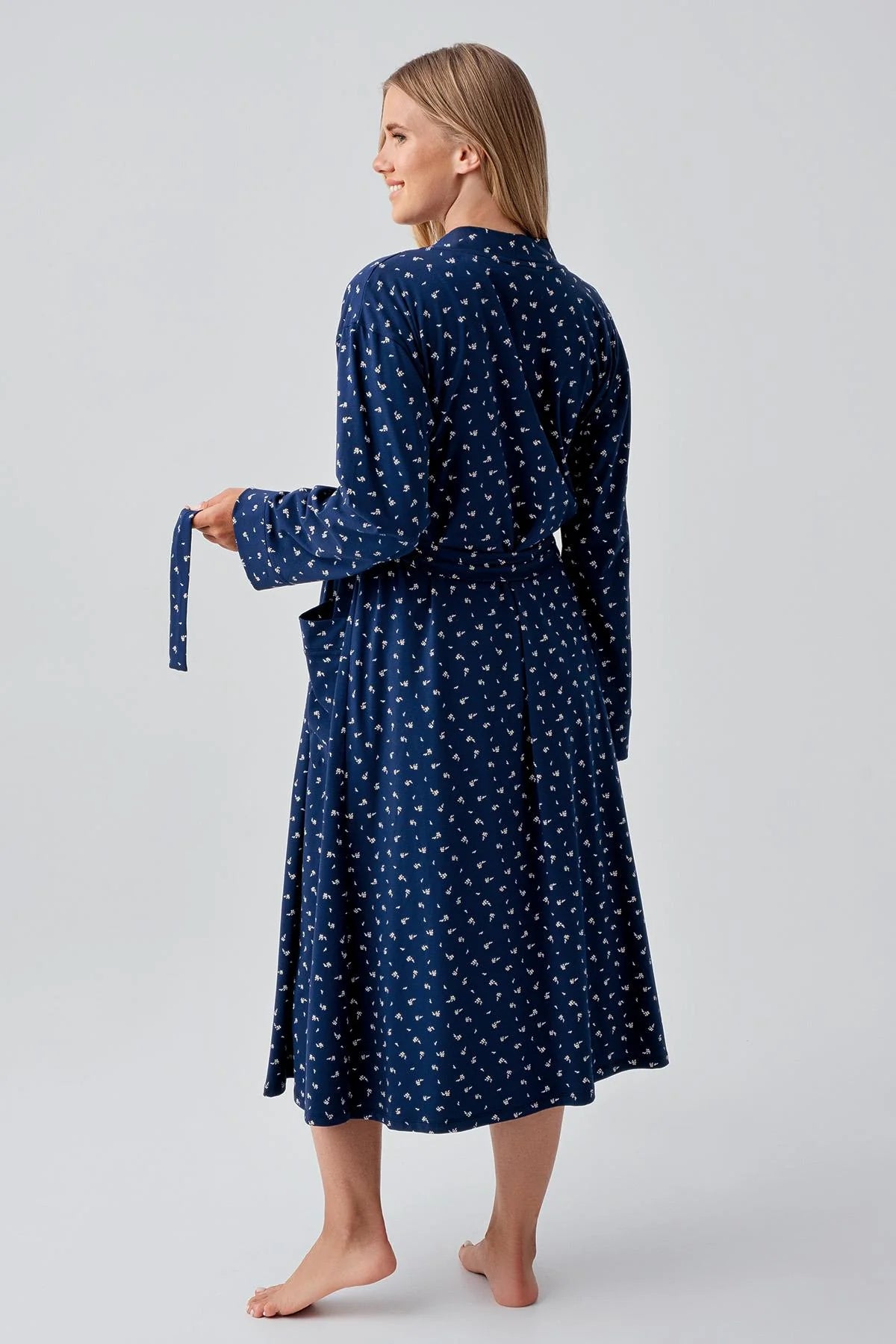 Side Tie Nursing Feature Cotton Maternity-Nursing Nightgown & Patterned Robe Set Navy Blue - 18401