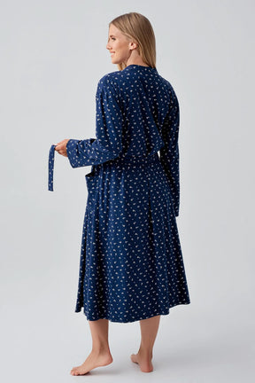 Side Tie Nursing Feature Cotton Maternity-Nursing Nightgown & Patterned Robe Set Navy Blue - 18401
