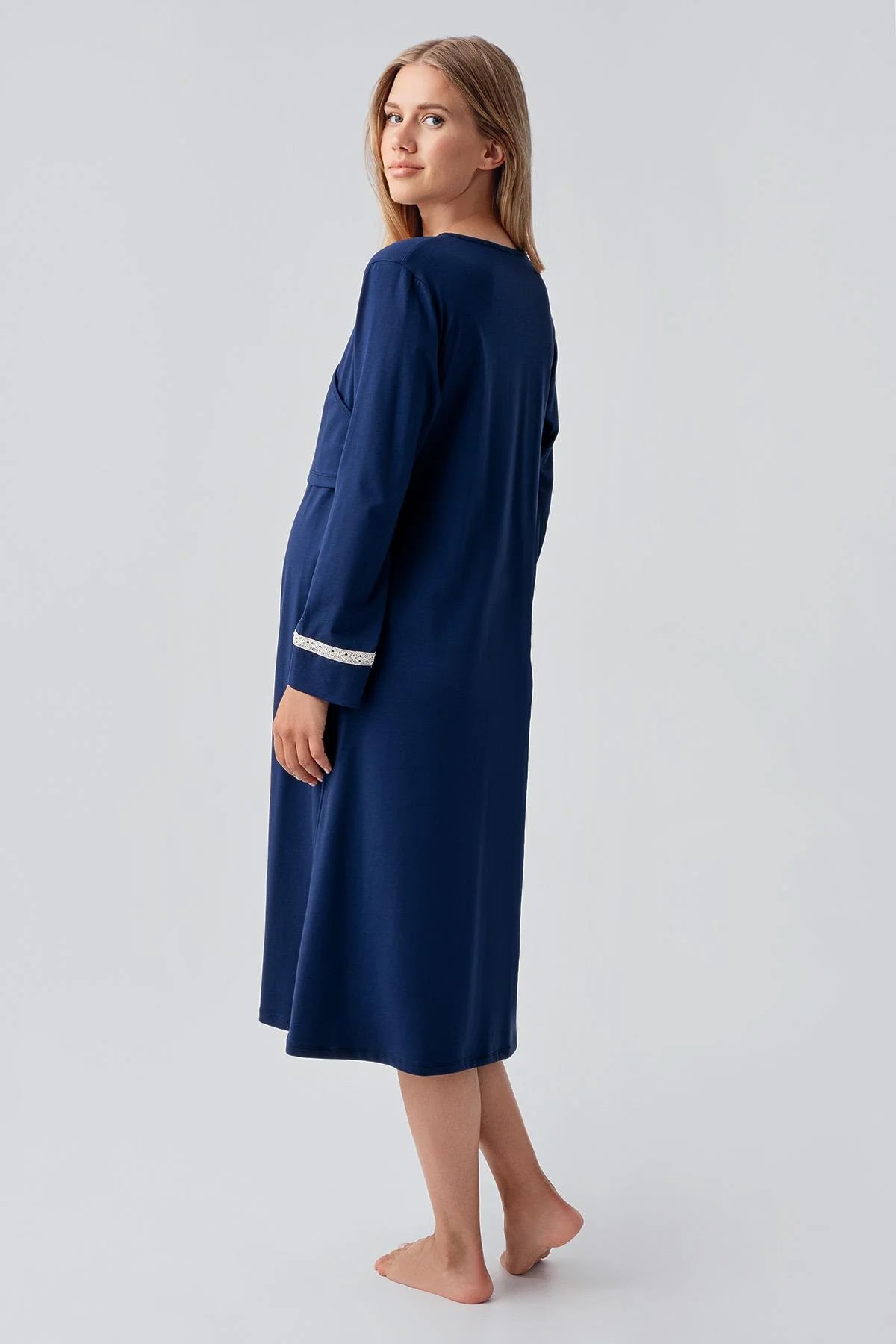 Side Tie Nursing Feature Cotton Maternity-Nursing Nightgown & Patterned Robe Set Navy Blue - 18401