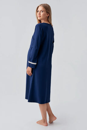 Side Tie Nursing Feature Cotton Maternity-Nursing Nightgown & Patterned Robe Set Navy Blue - 18401