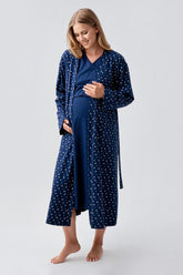 Side Tie Nursing Feature Cotton Maternity-Nursing Nightgown & Patterned Robe Set Navy Blue - 18401