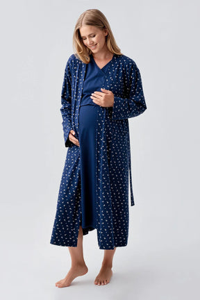 Side Tie Nursing Feature Cotton Maternity-Nursing Nightgown & Patterned Robe Set Navy Blue - 18401