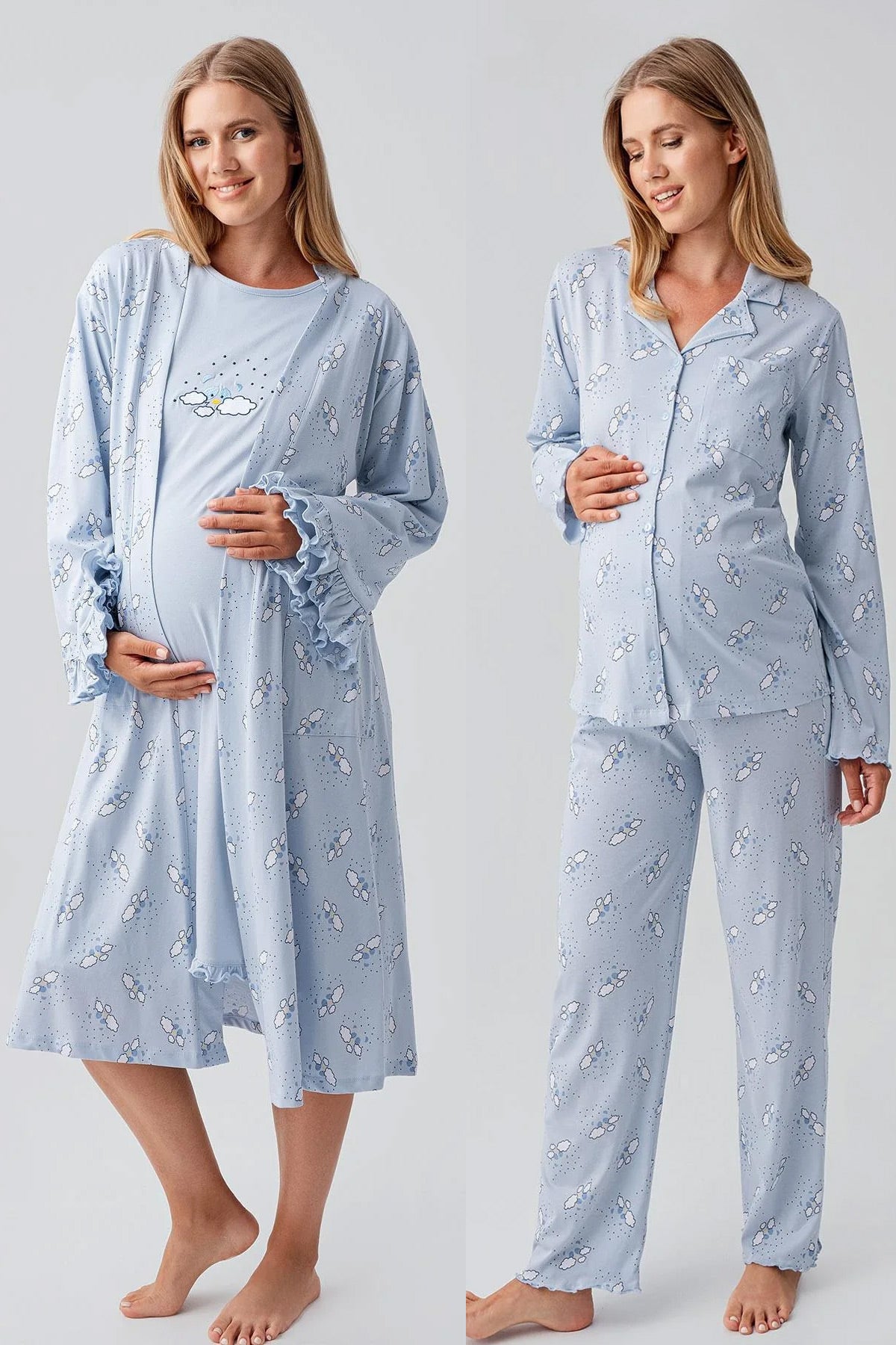 Patterned Pleated Cotton 4-Piece Maternity-Nursing Set Blue - 184020