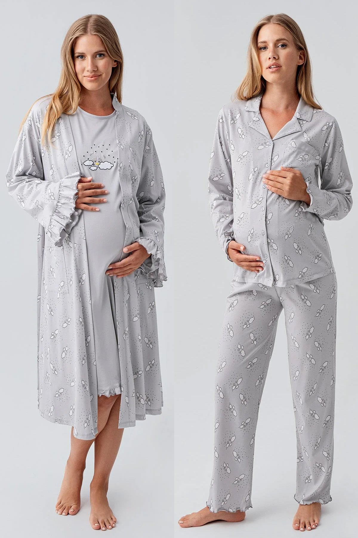 Patterned Pleated Cotton 4-Piece Maternity-Nursing Set Grey - 184020