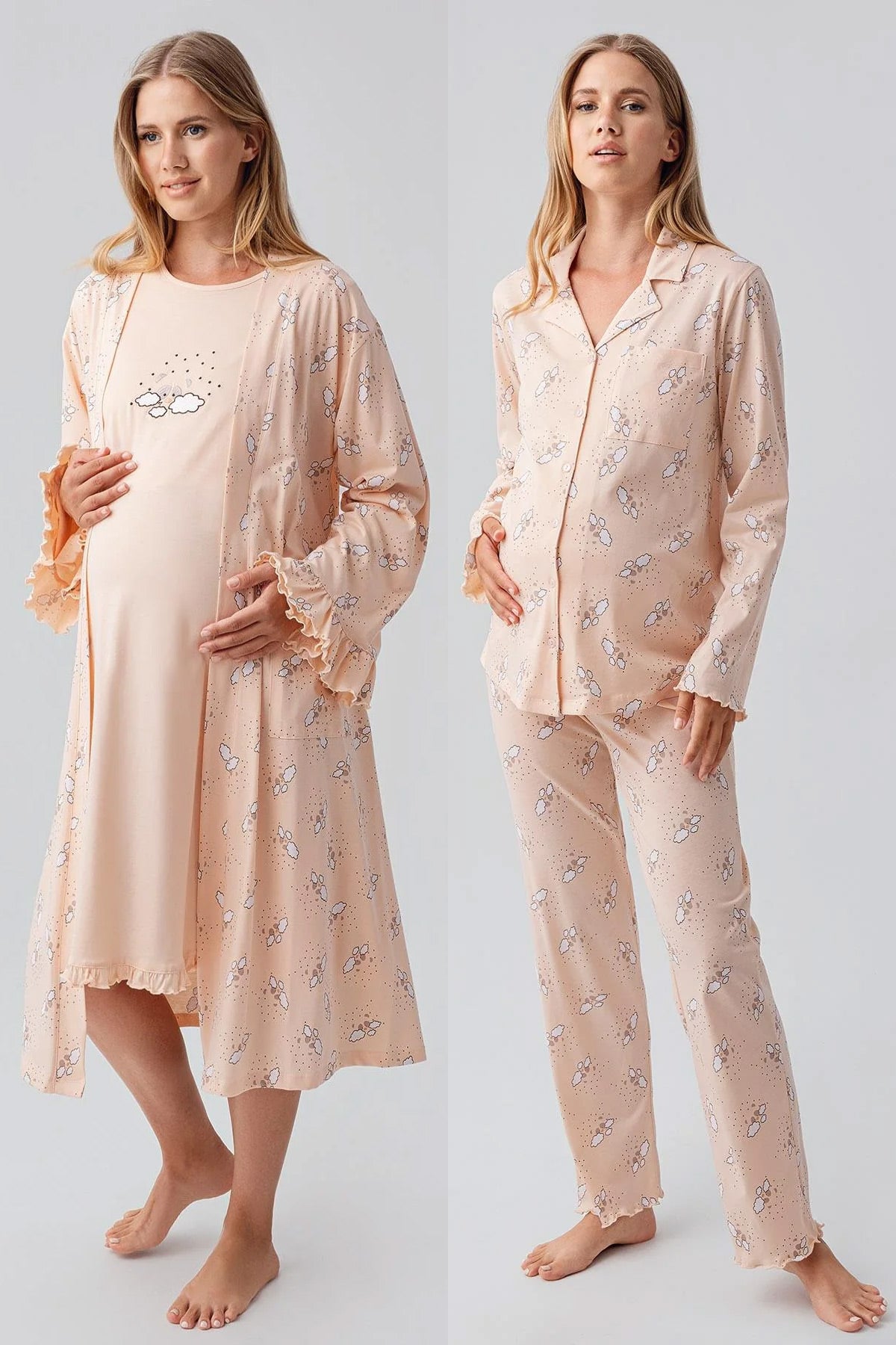 Patterned Pleated Cotton 4-Piece Maternity-Nursing Set Salmon - 184020