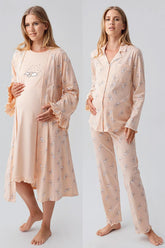 Patterned Pleated Cotton 4-Piece Maternity-Nursing Set Salmon - 184020
