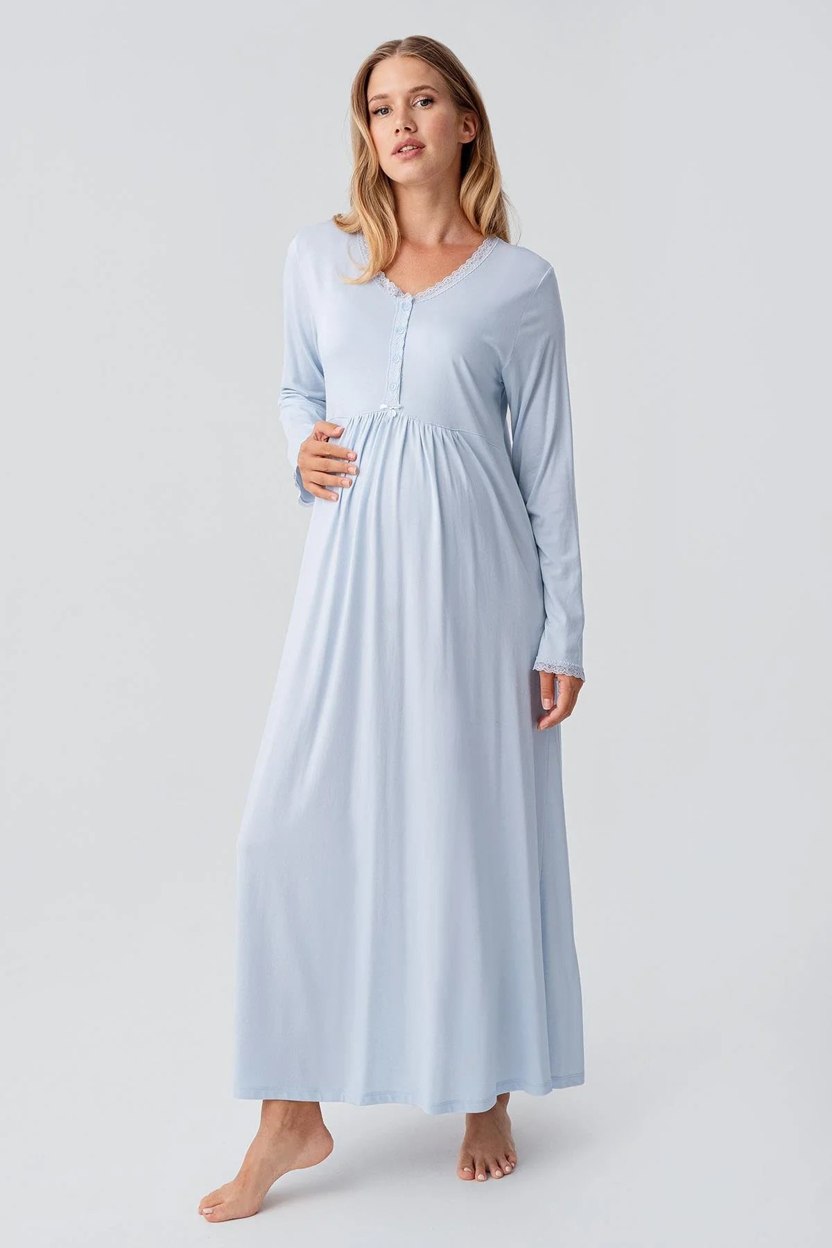 Lace Sleeve and Collar Maternity-Nursing Nightgown & Robe Set Blue - 18402